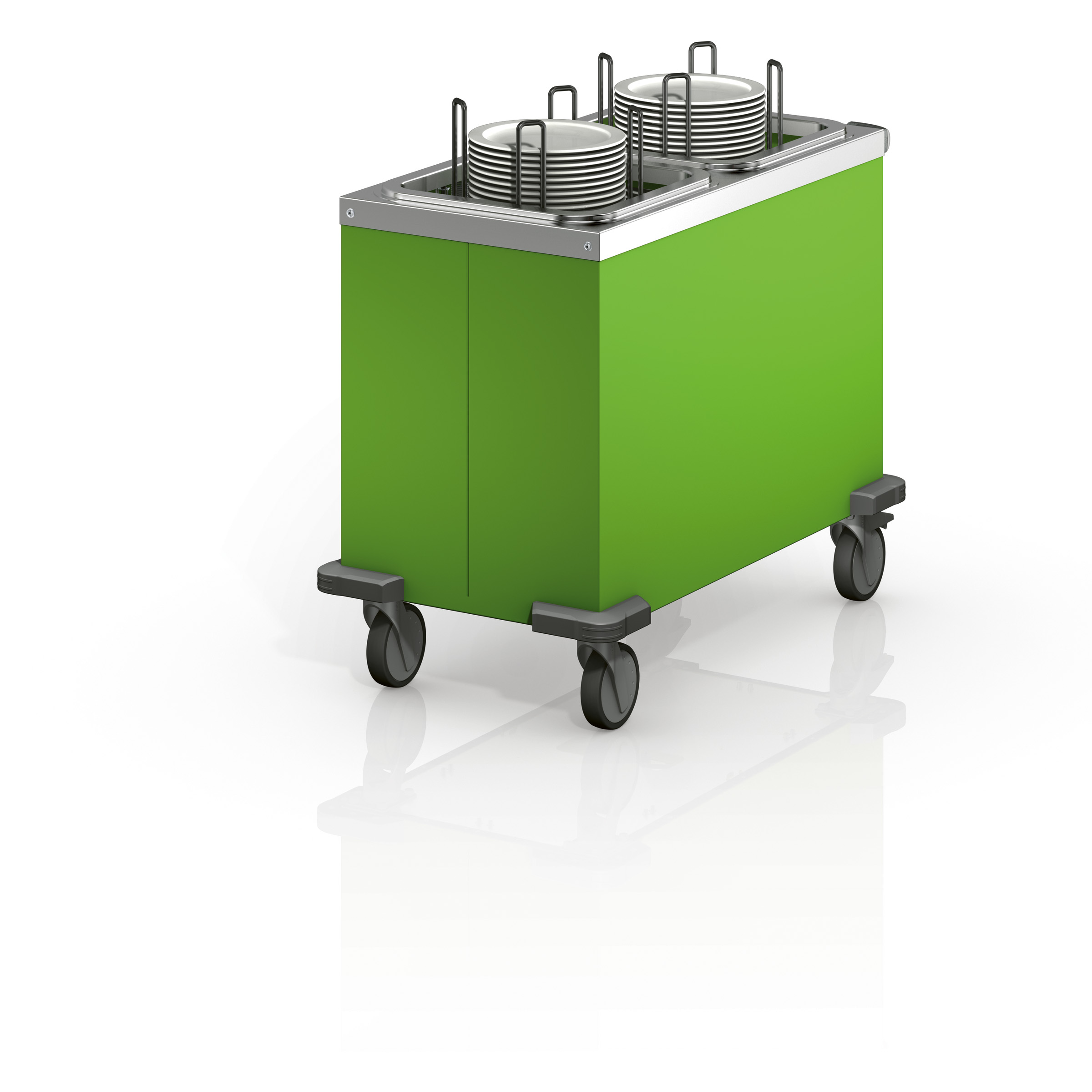 BLANCO Tellerspender aus rostfreiem Edelstahl, mit niedriger Höhe für Kinderverpflegung, 4 Lenkrollen Ø 125 mm, davon 2 mit Feststeller,