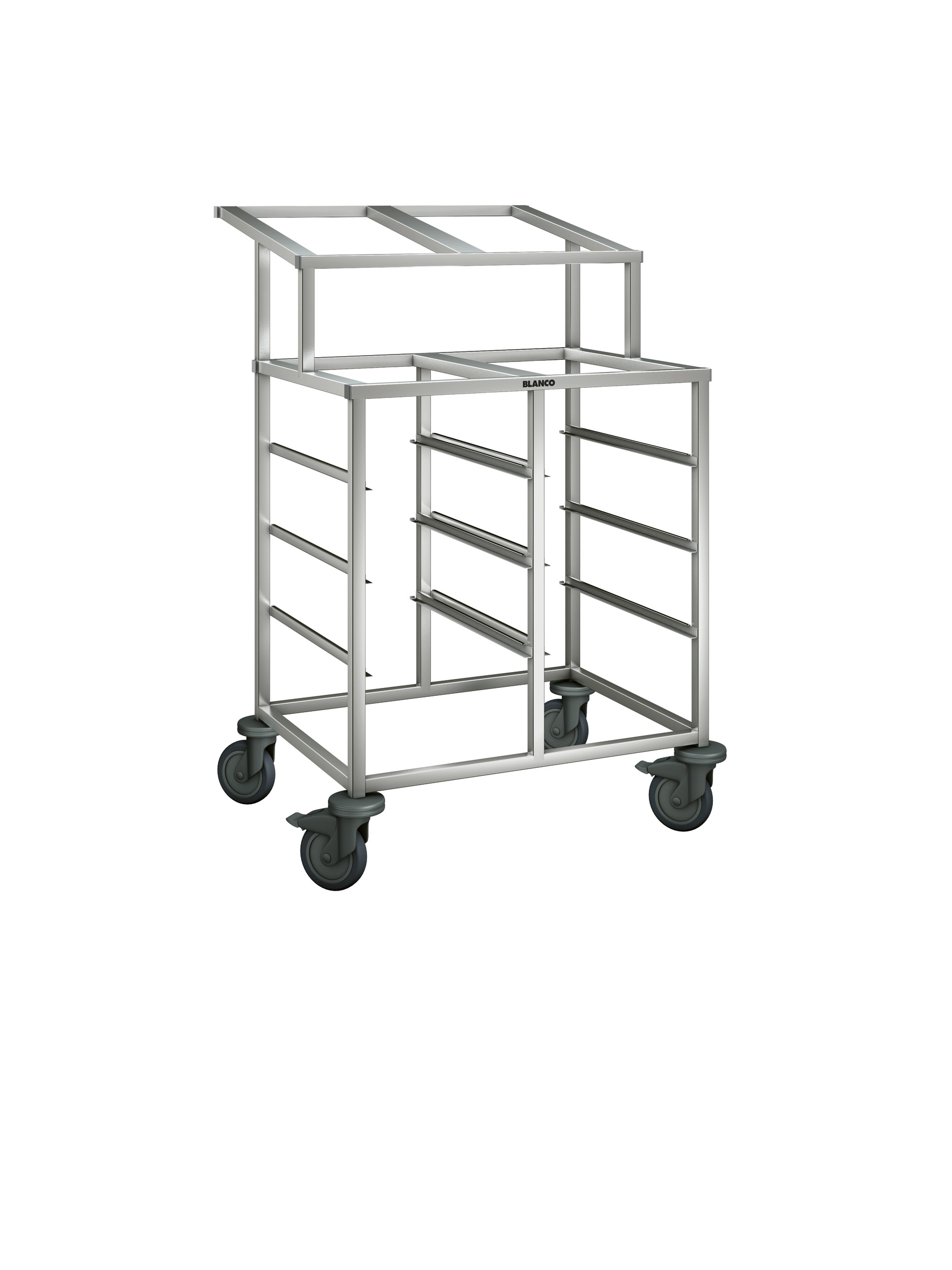 BLANCO Regalwagen a. rostfreiem Edelstahl mit Kunststoffrollen, 2-teilig, mit Aufsatz, zum Einhängen von GN-Behältern, Auflagenpaare: 6 Paar