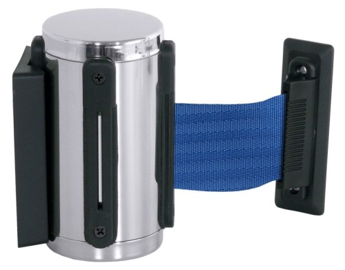 Wandhalterung mit blauem Gurt 170 cm zu Gurtabsperrpfosten aus Edelstahl, mit selbstaufrollendem 2 m langem Gurtband in