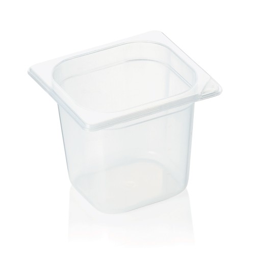 GN 1/6 Behälter, BPA frei, Deckel fest schließend, Behälter und Deckel können mit HACCP Clips farbig markiert werden, mit Skalierung.