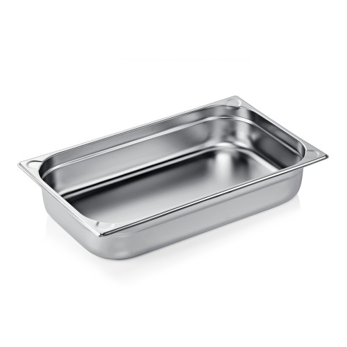 GN 1/1 Behälter, Materialstärke 0,6 mm, Randverstärkung durch geprägte U-Ecken. Material: Chromnickelstahl. Serie: GN 76. Inhalt in Litern:
