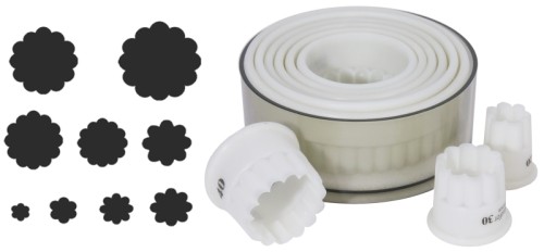 Ausstechersatz rund, gewellt, aus weißem Exoglass®, 9 Ausstecher von 2 bis 10 cm, hitzeresistent bis +160C, bruchfest Durchmesser