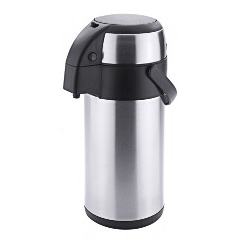 Pump-Isolierkanne 3 Liter, mit Tragebügel. Innen u. außen aus Edelstahl, matt gebürstet. Mit Griff und Verschluss aus schwarzem Kunststoff.