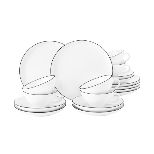 Seltmann Teeservice 18-teilig B, rund, Form: Lido, Dekor: 10826 Black Line, hohe Kantenschlagfestigkeit, Made in Germany