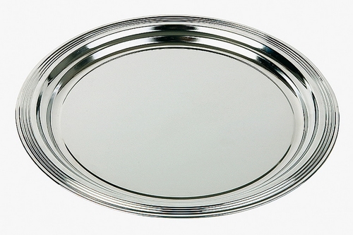 Partyplatte -CLASSIC- Ø 35 cm, Metall vernickelt und glanzverchromt mit Liniendekor Rand eingerollt Materialdicke 0,35 nicht