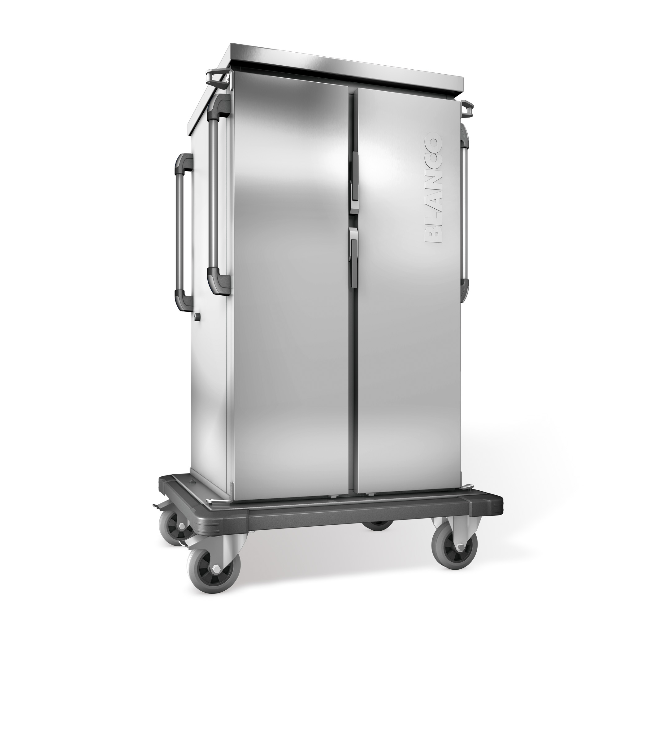 BLANCO Tablett-Transportwagen, doppelwandig, isoliert, 2 Flügeltüren / 2 Schrankräume, 4 stahlverzinkte Rollen Ø 160 mm, 2 Bockrollen und 2
