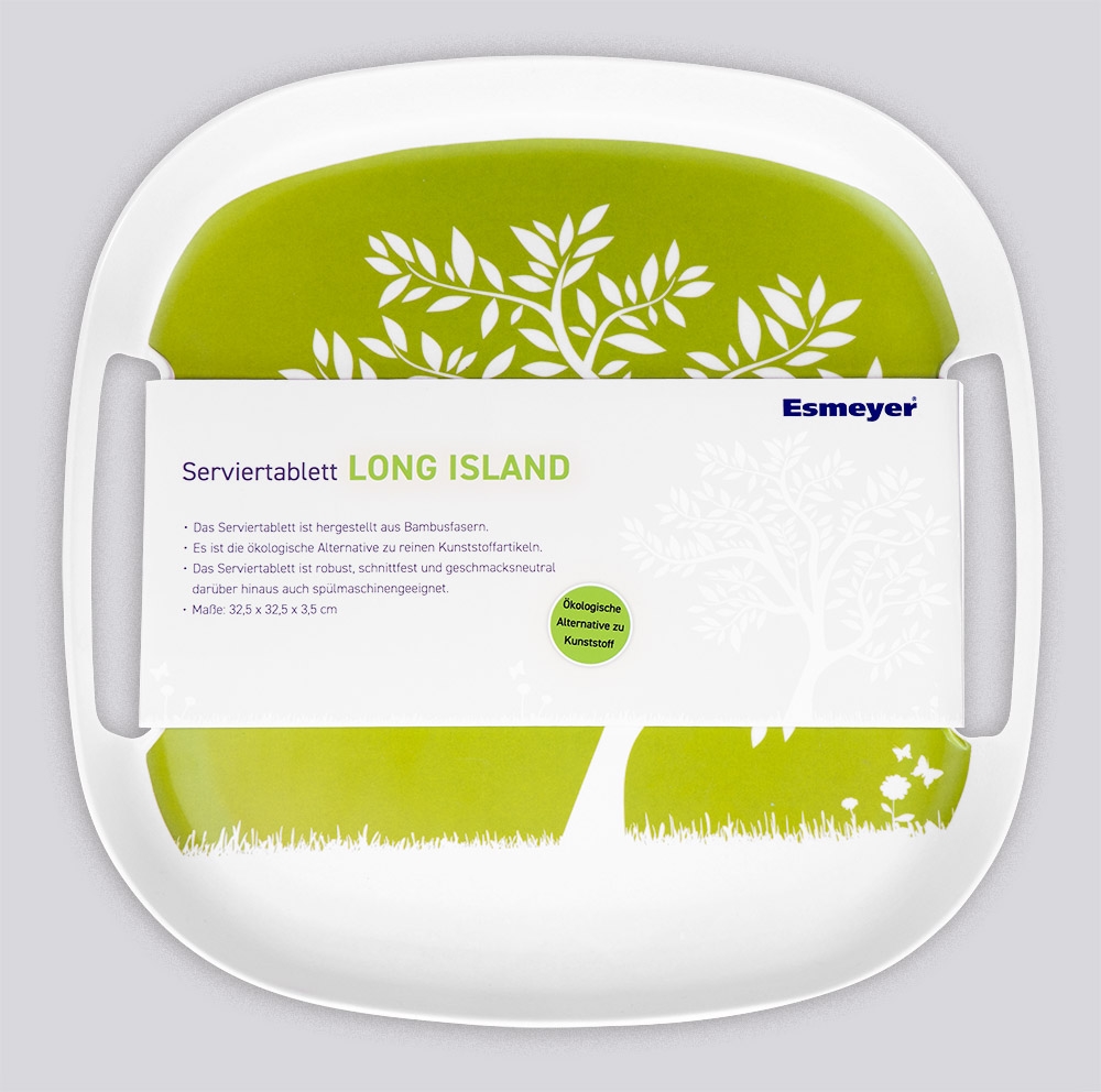 Serviertablett LONG ISLAND, grün/creme Baummotiv, hergestellt aus Bambusfasergemisch, rechteckig mit abgerundeten Kanten,