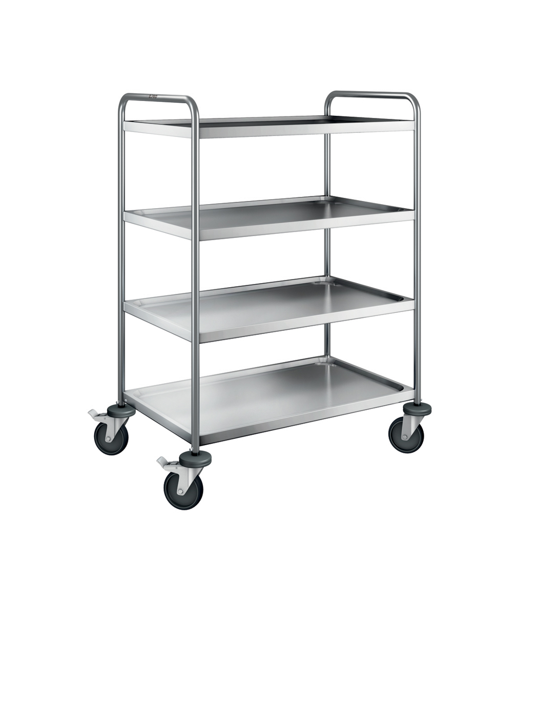 Servierwagen aus rostfreiem Edelstahl mit stahlverzinkten Rollen. max. Belastung je Bord: 80 kg. Tragfähigkeit: 120 kg / SW 9 X 6-4 B.PRO