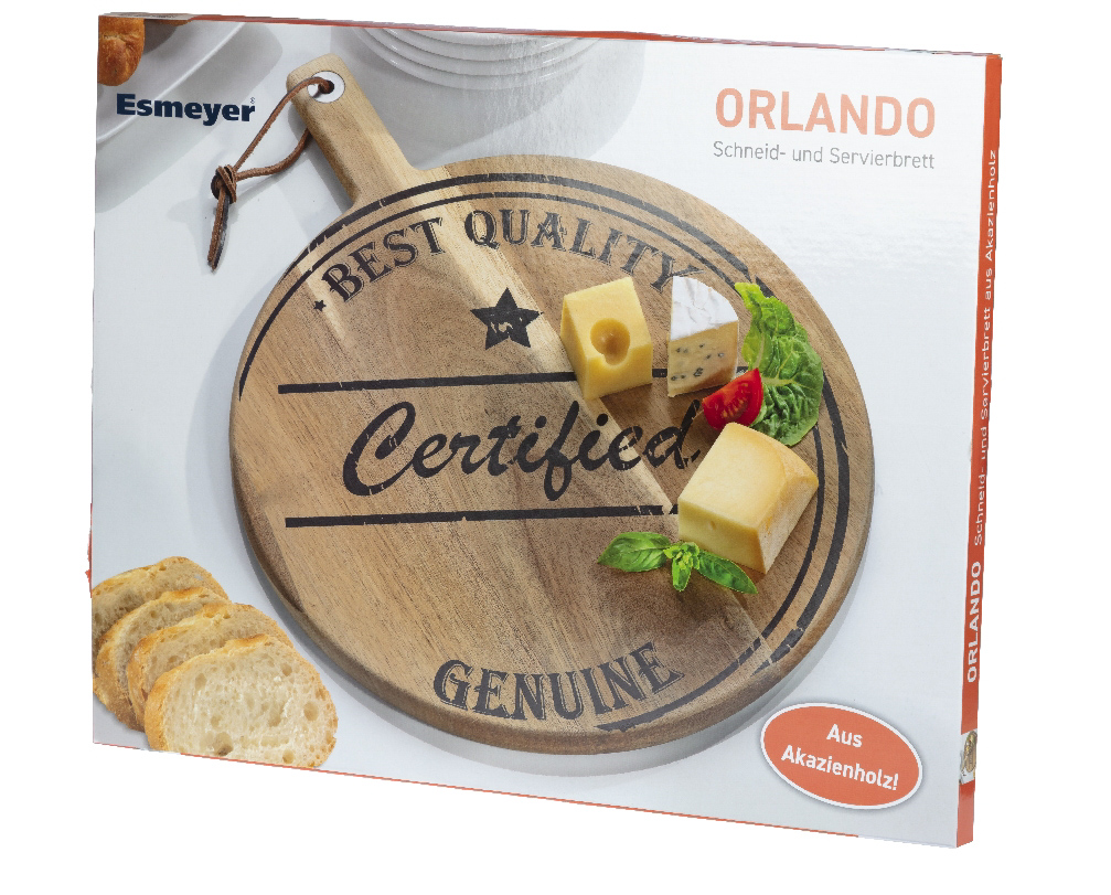 Schneid-/Servierbrett ORLANDO aus Akazienholz, rund, mit Griff. Durchmesser 35 cm, Stärke 1,5 cm. Mit Druckmotiv und mit Lederband zum Aufhängen.