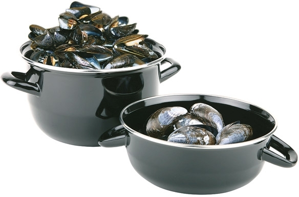 Servier-Muscheltopf für 0,5 kg Ø 13,5 cm, für 1 Portion schwarz emailiertes Stahlblech mit Edelstahlrand Inhalt: Topf 0,75