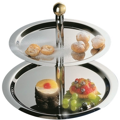 Etagère, 2-stufig -FINESSE- Ø 38/32 cm, H: 30 cm 18/0 Edelstahl Messing-Kugelgriff, Rohre hochglanzverchromt, einfache