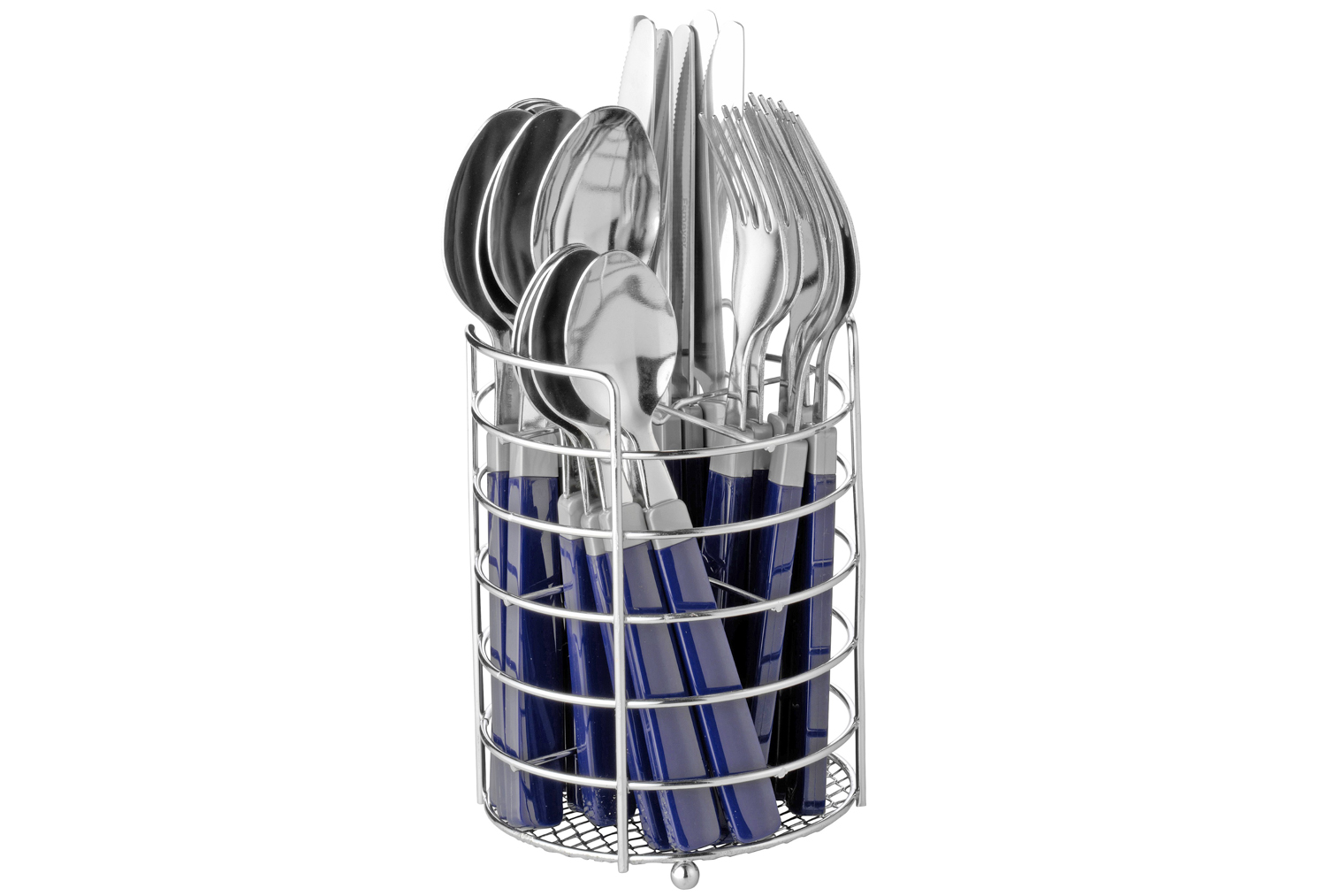 24-teiliges Besteck MIRA, Farbe: blau aus Edelstahl 18/0, trowalisiert. Messer aus Klingenstahl. Im runden Besteckkorb,