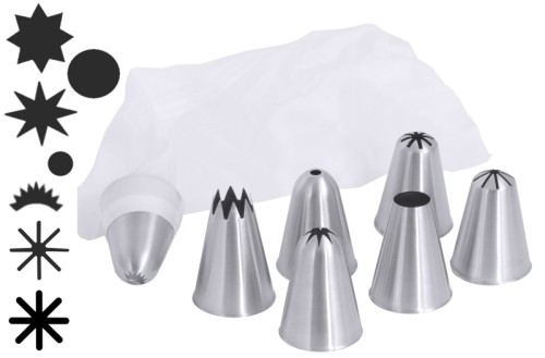 Spritztüllenset 7 nahtlose Spritztüllen aus Edelstahl 18/10 mit einem Nylon-Spritzbeutel, seidenmatt gebürstet, Materialstärke 0,5 mm,