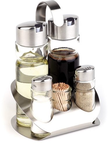 5-tlg. Menage -Pro- 13 x 11 cm, H: 19 cm Edelstahl mattiert, Glas, PP Pfeffer-Salz-Essig-Öl-Zahnsto.