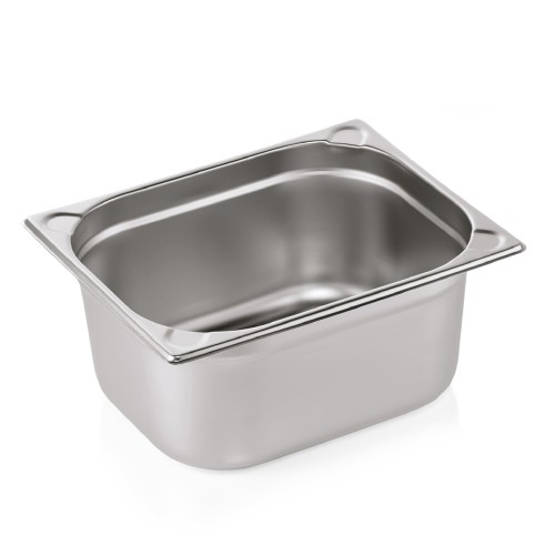 GN 1/2 Behälter, Materialstärke 0,6 mm, Randverstärkung durch geprägte U-Ecken. Material: Chromnickelstahl. Serie: GN 76. Inhalt in Litern: