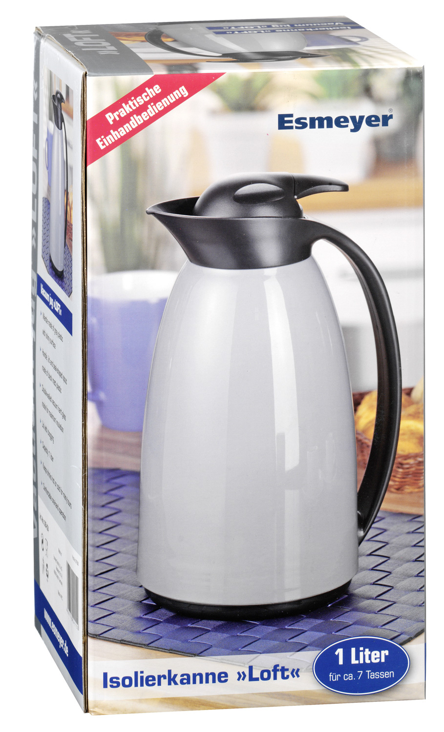 Isolierkanne LOFT, Inhalt: 1,0 Liter, Farbe: weiß, Höhe: ca. 235 mm, mit Glaseinsatz und Einhandbedienung.