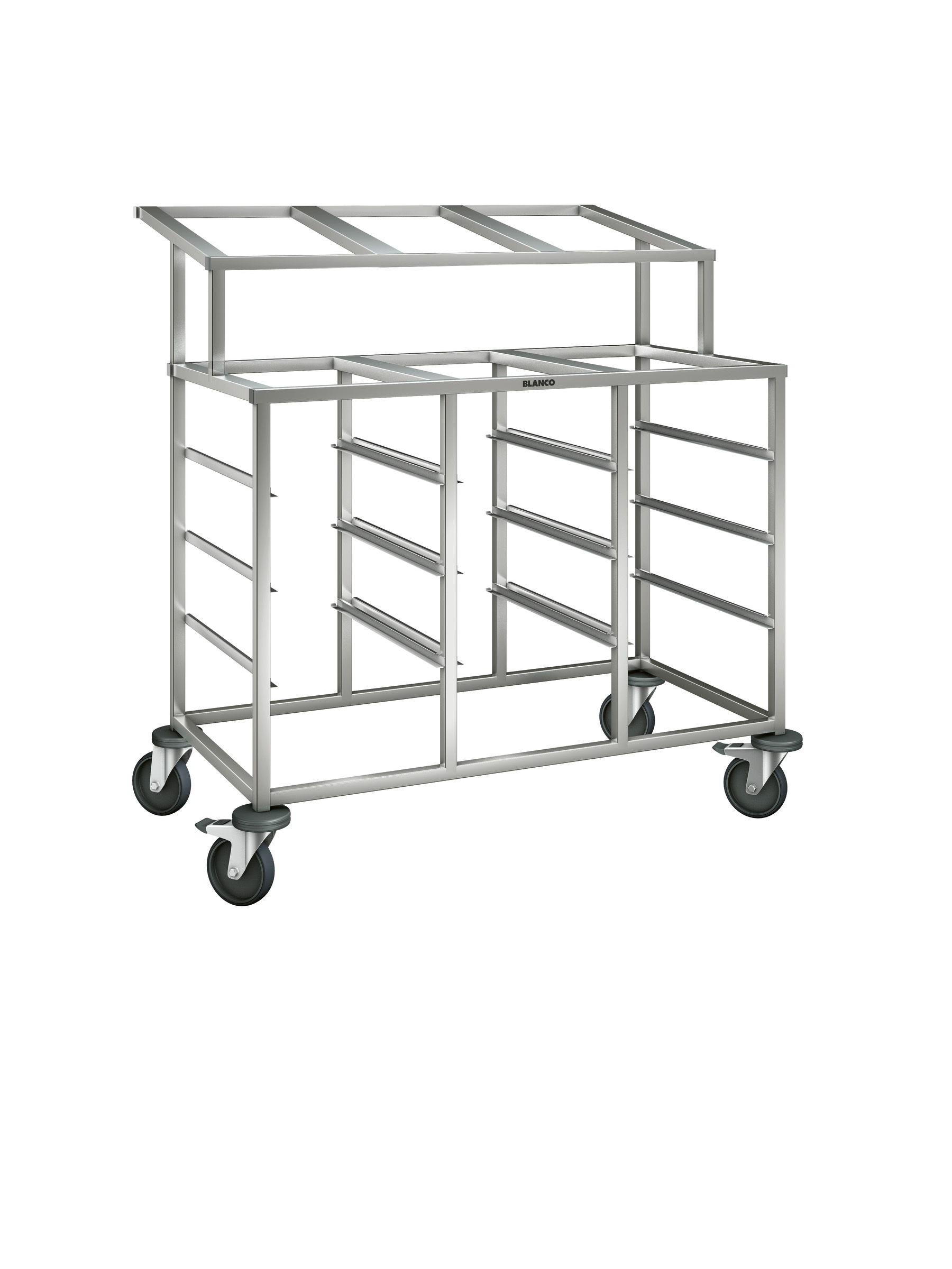 BLANCO Regalwagen a. rostfreiem Edelstahl mit stahlverzinkten Rollen, 3-teilig, m. Aufsatz, zum Einhängen von GN-Behältern, Auflagenpaare: 9 Paar