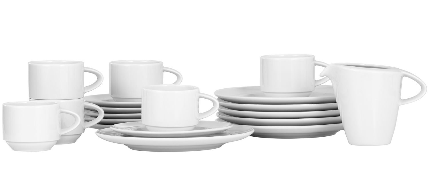 19-teiliges Sparset ENJOY von Bauscher. Je 6 Obertassen stapelbar 0,18 l, Untertassen rund 16,2 cm, Teller 21cm,