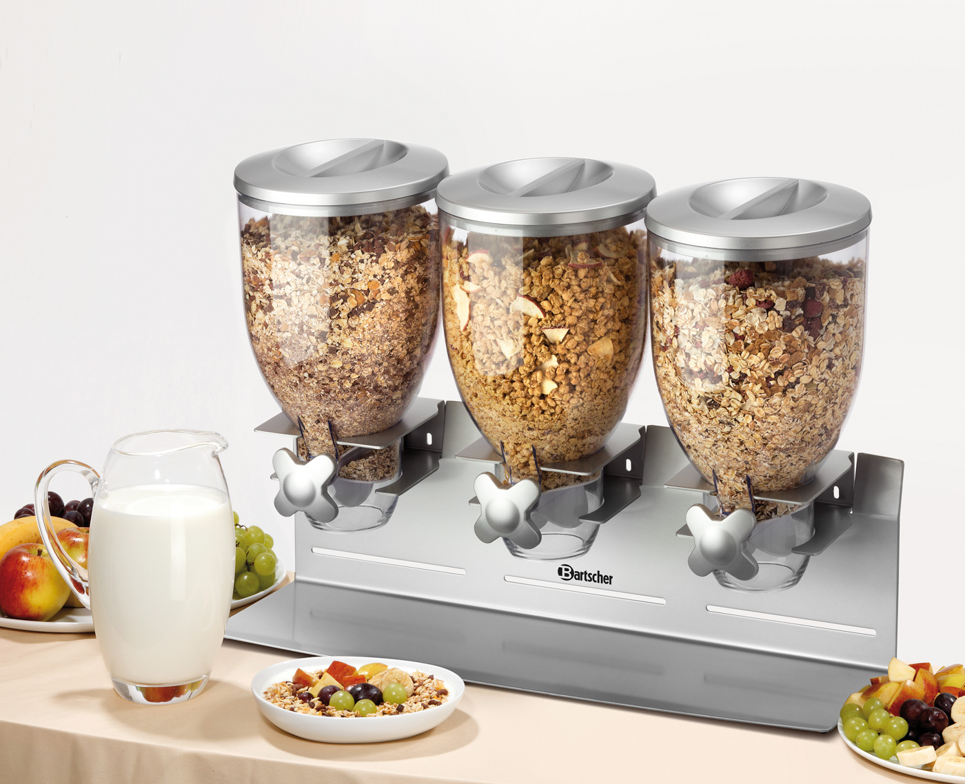 Bartscher Cerealienspender, 3-fach | AnzahlSpender: 3 | Maße: 54 x 17 x 39,5 cm. Gewicht: 5,6kg