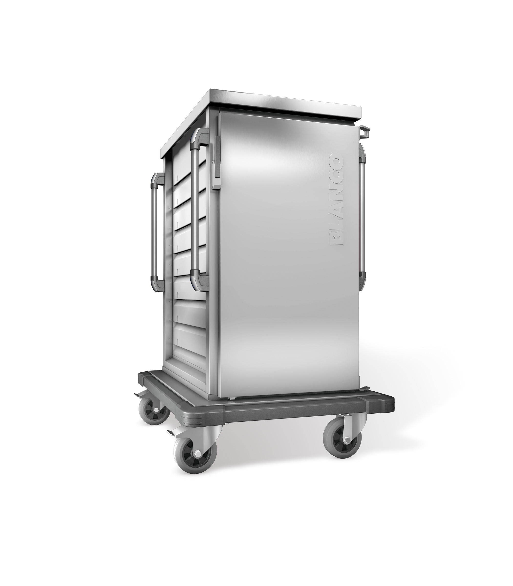 BLANCO Tablett-Transportwagen, einwandig, 1 Flügeltür / 1 Schrankraum, 4 stahlverzinkte Rollen Ø 160 mm, 2 Bockrollen und 2 Lenkrollen mit