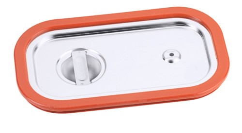 GN-Deckel mit Gummidichtung aus Edelstahl 18/10, seidenmatt poliert, mit Griffmulde und Loch gegen Unterdruck,