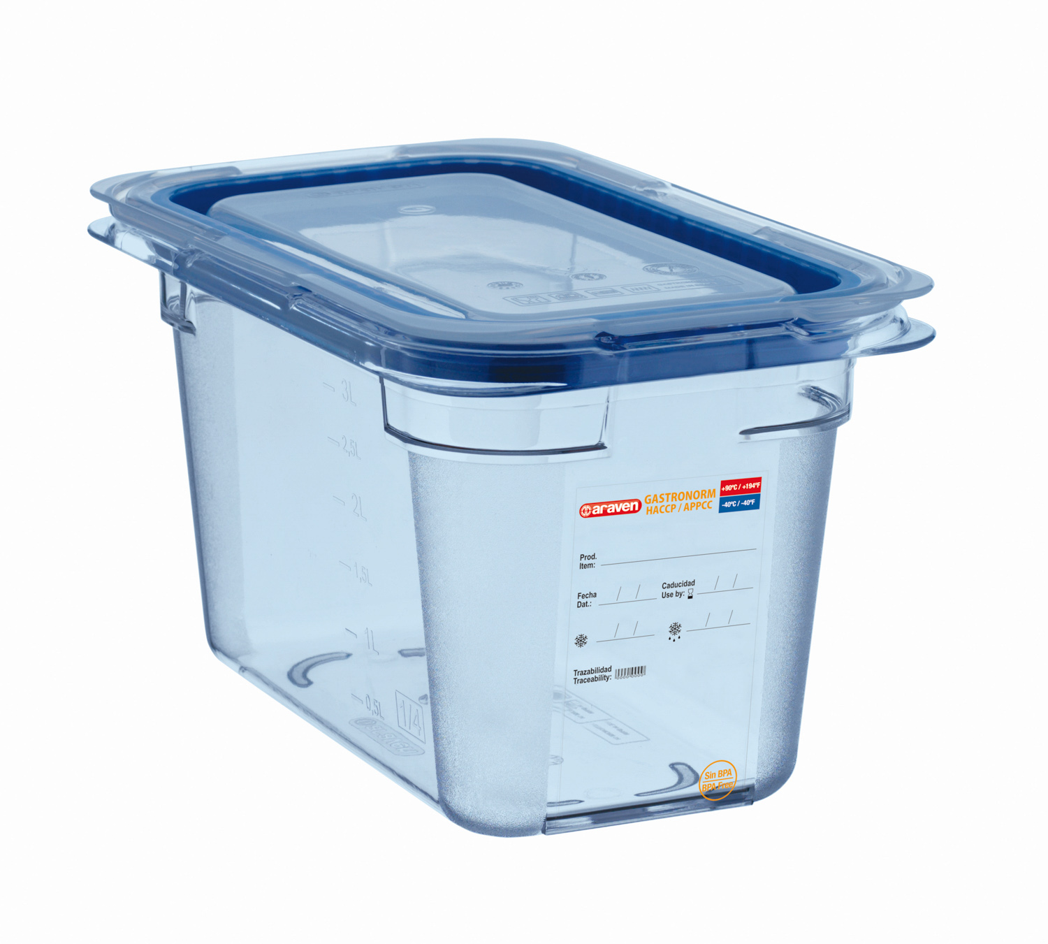 ARAVEN luftdichter Behälter mit Deckel GN 1/4 150mm Höhe und 3,3 Liter Fassungsvermögen, BPA-frei