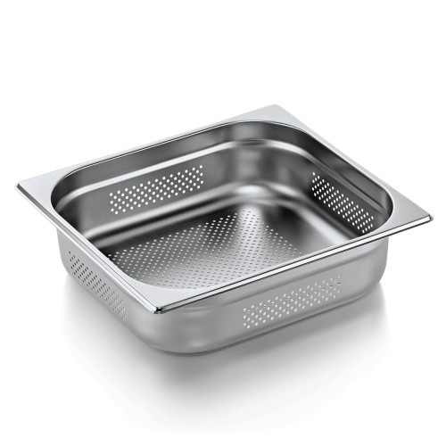 GN 2/3 Behälter, Boden- und Seitenlochung. Materialstärke 0,6 mm. Material: Chromnickelstahl. Serie: GN 71. Inhalt in Litern: