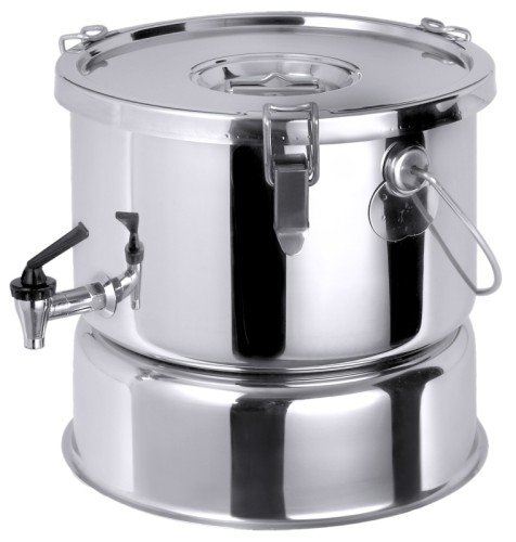 Getränkebehälter, isoliert aus Edelstahl 18/10, hochglänzend, doppelwandig, mit Tragebügel und 11 cm hohem Bodenring, mit 3/8 No-Drip-Hahn,