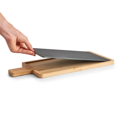 Schneide-/Servierbrett m. Griff, Bambus/Schiefer. Länge: 400 mm. Breite: 190 mm. Höhe: 15 mm