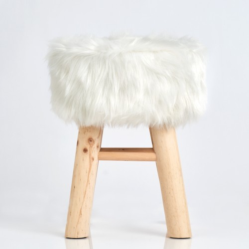 Sitzhocker "Zottel", Holz/Kunstfell, weiß. Ø: 290 mm. Höhe: 390 mm.