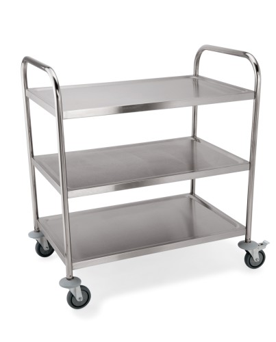 Servierwagen. 3 Borde. Edelstahl. 4 schwenkbare Rollen mit Rammschutz, davon 2 mit