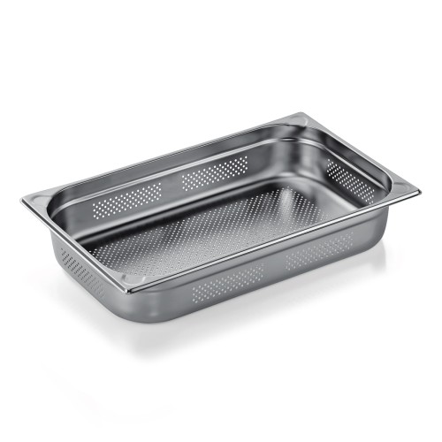 GN 1/1 Behälter, Boden- und Seitenlochung. Materialstärke 0,6 mm, Randverstärkung durch geprägte U-Ecken. Material: Chromnickelstahl.