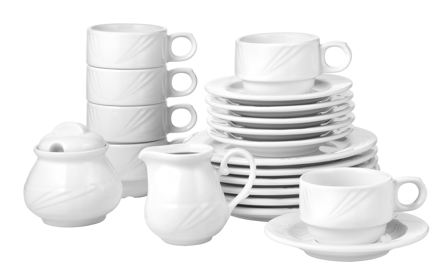 20-tlg. Kaffeeservice / Sparset ARCADIA aus weißem Porzellan. 6 Ober- u. Untertassen, 6 Dessertteller, 1 Gießer, 1 Zuckerdose