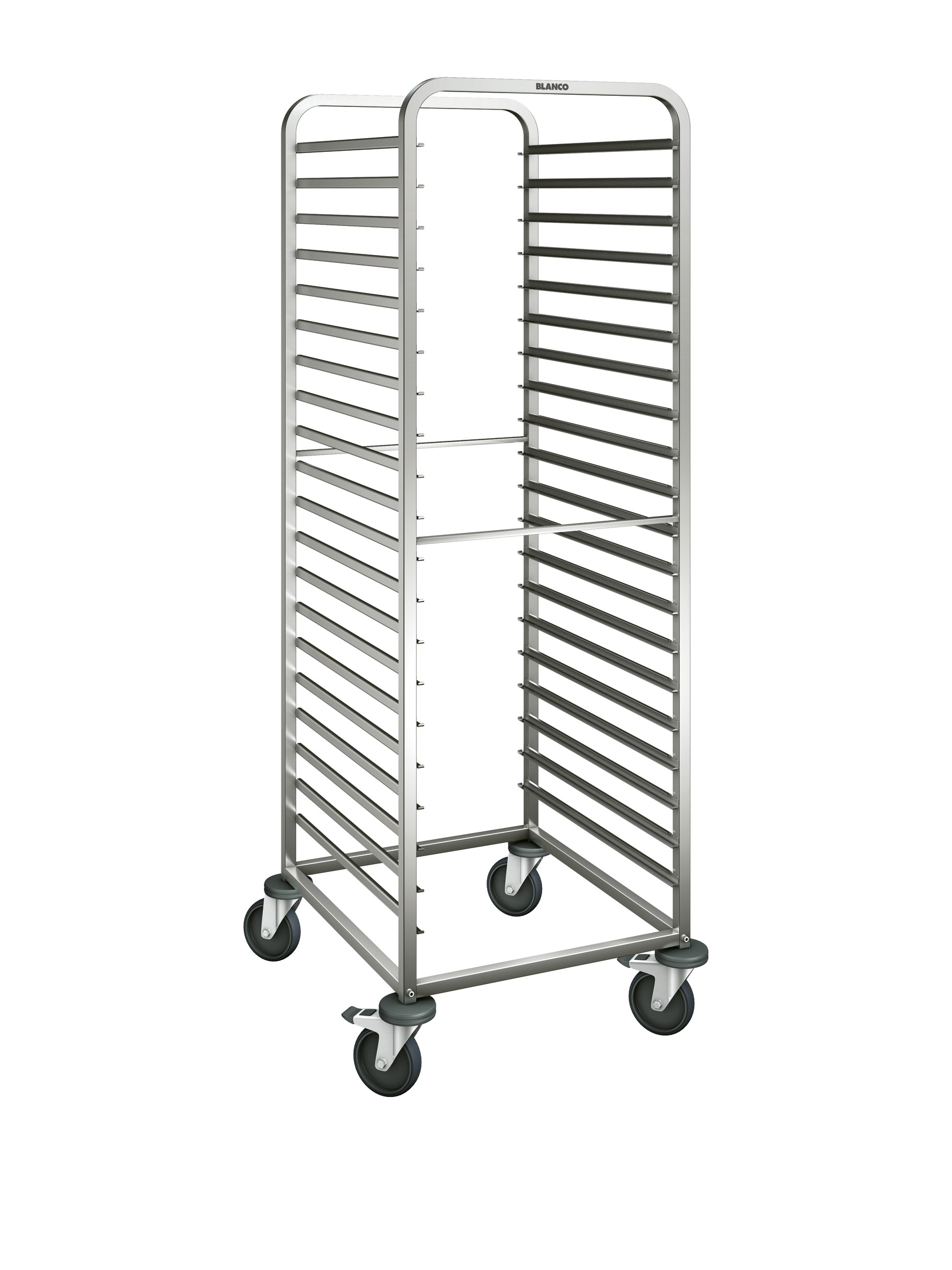 BLANCO Regalwagen a. rostfreiem Edelstahl mit stahlverzinkten Rollen, Auflagenpaare: 20 Paar, Auflagenabstand: 75 mm, Kapazität: 20 GN 2/1 oder