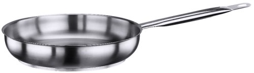 Bratpfanne aus Edelstahl 18/10, matt poliert, mit Rohrgriff und Schüttrand, 7 mm Sandwichboden, induktionsgeeignet bis