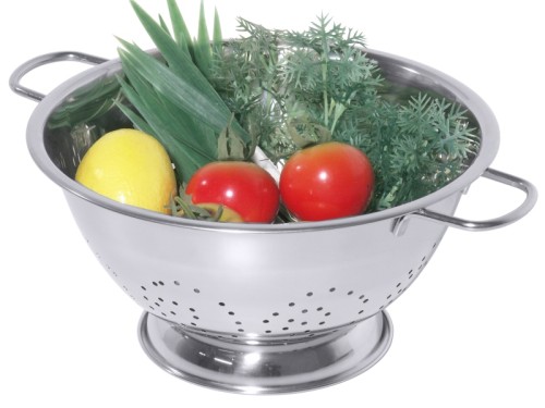 Abtropfschüssel aus Edelstahl, außen hochglänzend, mit angeschweißtem Fuß, 4 mm Seiten-/Bodenlochung, mittelschwere Qualität