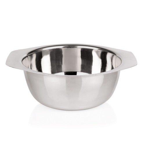 Beilagenschale, mit 2 Lappengriffen. Material: Chromnickelstahl. Inhalt in Litern: 2,5. Durchmesser: 20 cm. Maße: Höhe: 95 mm