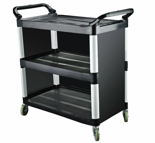 Servierwagen. Polypropylen mit Alurahmen. 4 schwenkbare Rollen, Seiten und Rückwand