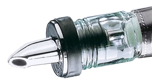 Flaschenausgießer aus verchromtem SAN-Kunststoff, für 0,75 l bzw. 1 l -Flaschen, nicht geeignet für Anisschnaps, Dosierung durch