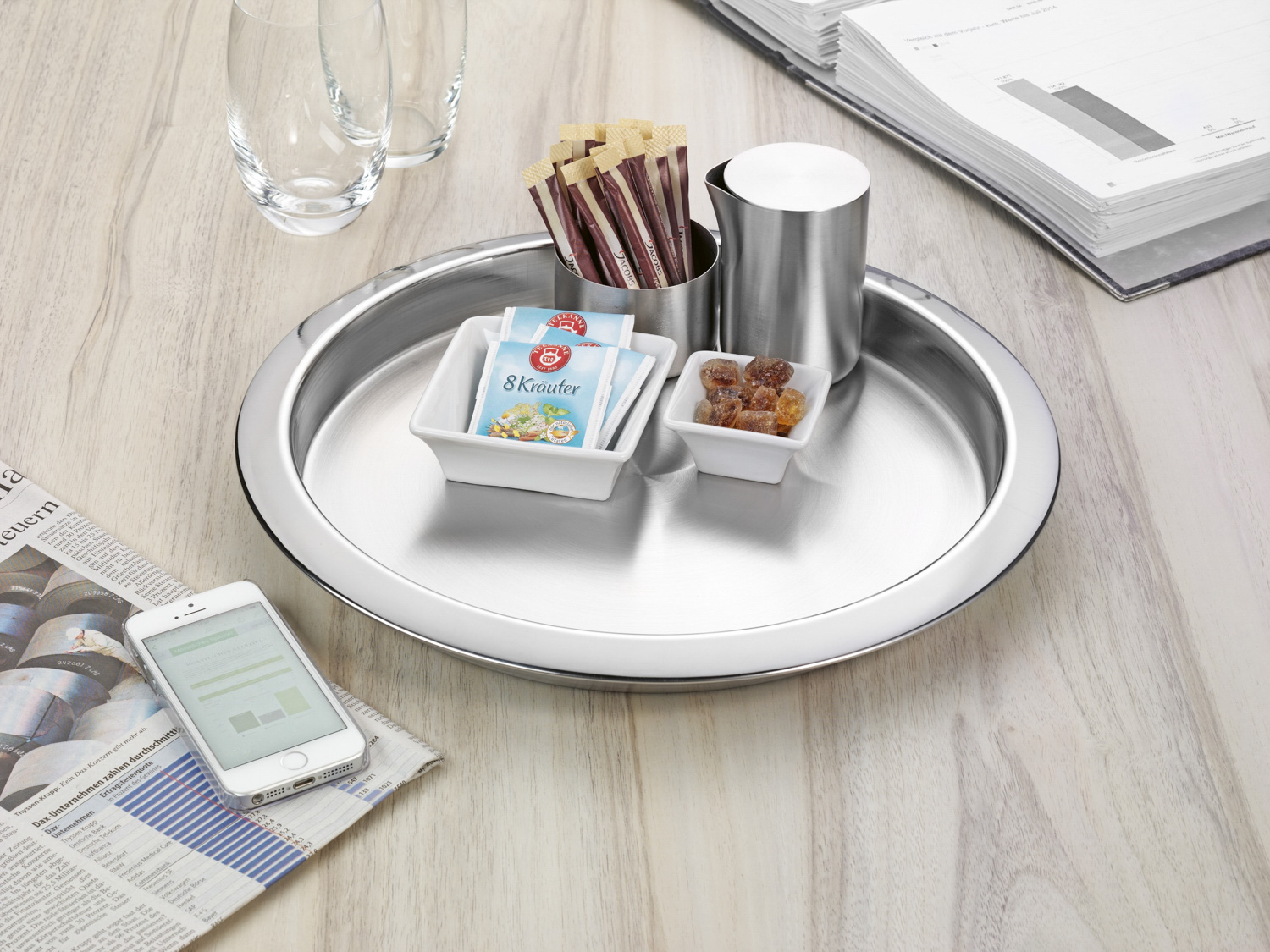 Edelstahltablett VENGA, rund, Durchmesser 35 cm (30 cm), Höhe 3 cm, Oberfläche matt, Rand hochglanzpoliert,