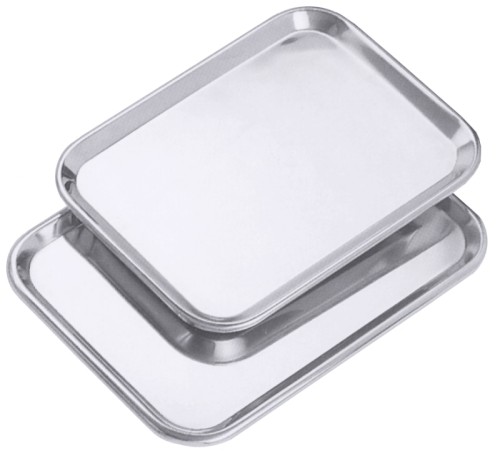 Ausstelltablett aus Edelstahl 18/10, hochglänzend poliert, mit offen gebördeltem Rand, schwere Qualität Länge außen: 21 cm, Breite