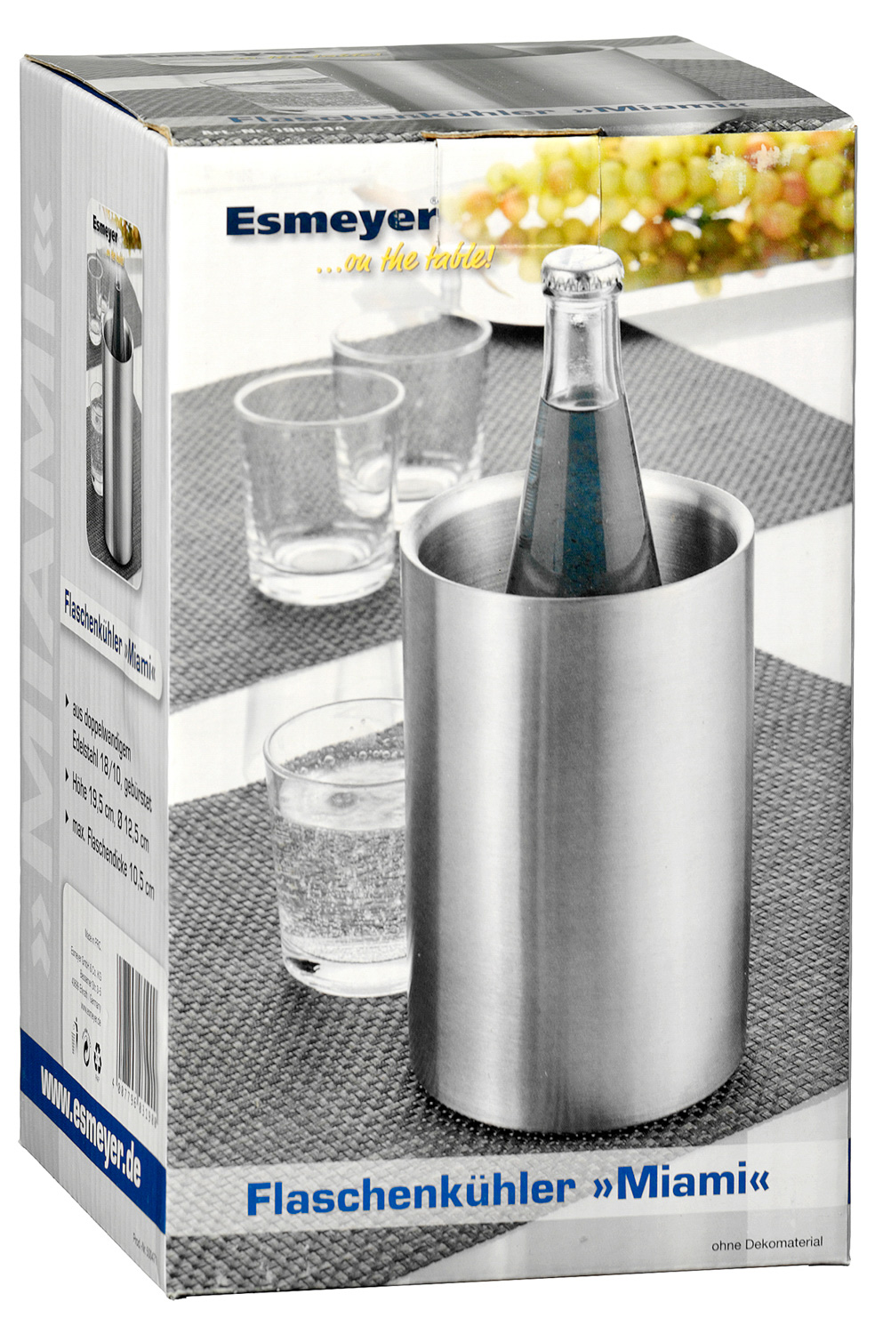 Flaschenkühler MIAMI von caterado. Aus Edelstahl 18/10, gebürstet. Doppelwandig. Höhe: 19,5 cm, Durchmesser: 12 cm.