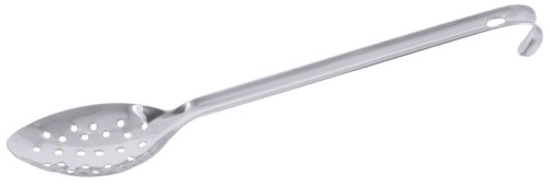 Gemüselöffel, perforiert aus Edelstahl 18/0, hochglänzend, fugenlos, flache Form, 5 mm-Lochung, mit Haken und Aufhängeöse, schwere
