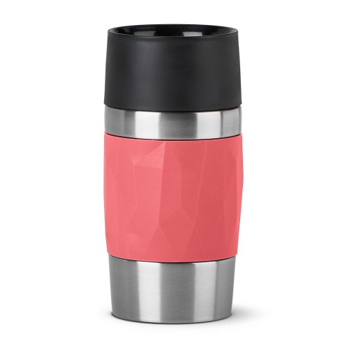 Emsa TRAVEL MUG COMPACT Isolierbecher 0,3 Liter, in der Farbe Koralle, aus Edelstahl, Auslaufsichge mit Soft Touch Manschette und Drehverschluss,