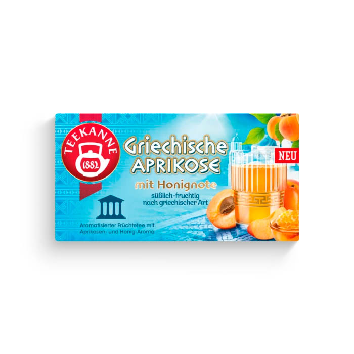 Teekanne Griechische Aprikose, Inhalt: 20 Teebeutel à 1,8 g, einzeln kuvertiert.