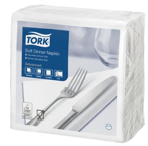 Tork Soft Dinnerserviette Advanced weiß, 39,5 x 39 cm, 1/4 Falz, geprägt, 3-lagig, Inhalt: 12 x 100 Stück = 1.200 Stück