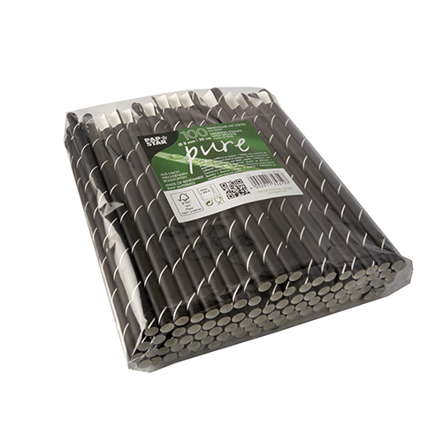 100 Trinkhalme mit Löffel, Papier Ø 8 mm · 20 cm schwarz/weiss "Stripes" von PAPSTAR