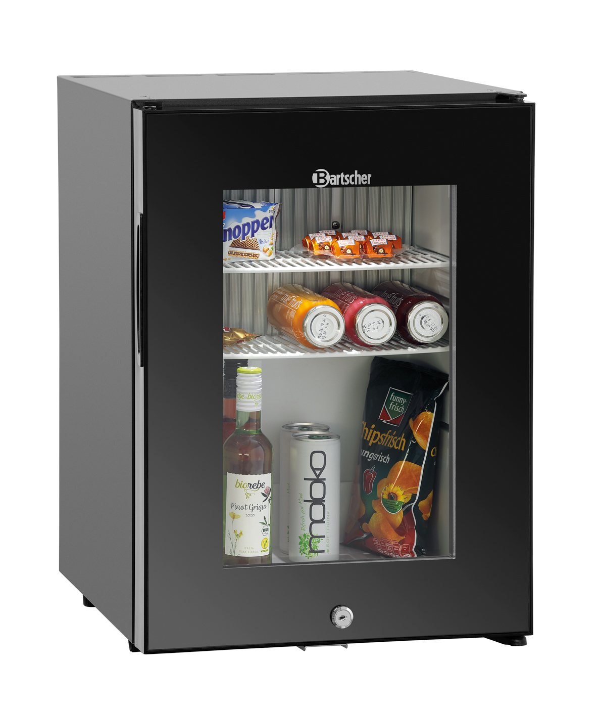 Bartscher Minibar 34L-GL | Kühlmittel: R717 /0,072 kg | Maße: 40,2 x 45,3 x 5,6 cm. Gewicht:19,6 kg.