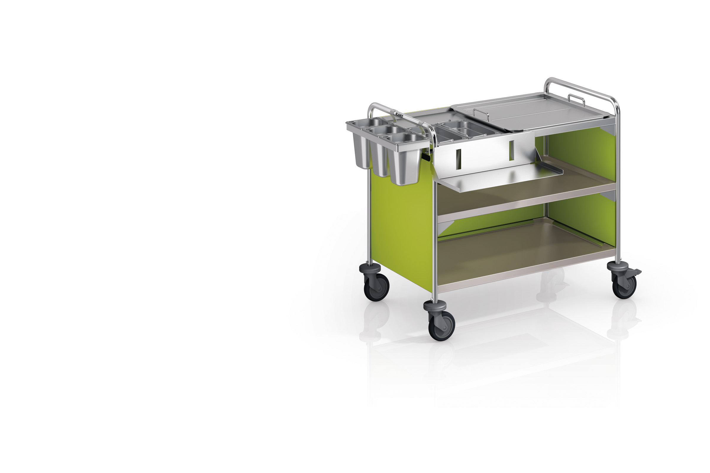 BLANCO Mobile Abräumstation mit 3 Borden 1000 x 600 mm und Ausschnitt für Abfallbehälter im oberen Bord. Borde verschweißt, inkl. 4