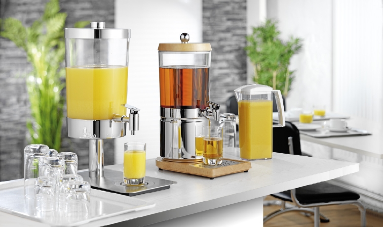 Saftdispenser TOP FRESH, Kapäzität: 4 Liter. Aus: Edelstahl 18/8, SAN. 1 Kühlakku im Deckel 1 Kühlakku Standfuß. Maß: 21 x 32 x 43 cm.